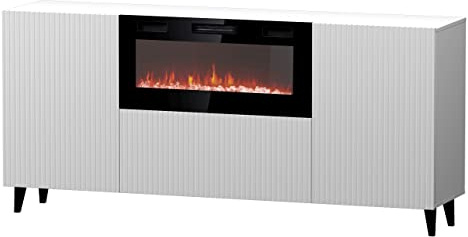Mirjan24 Kommode Fusbo 180 mit Elektrischem Kamin, Mehrzweckschrank mit 2 Türen, Realistische LED-Flamme, Anrichte, Highboard, Sideboard, Esszimmer (Weiß)