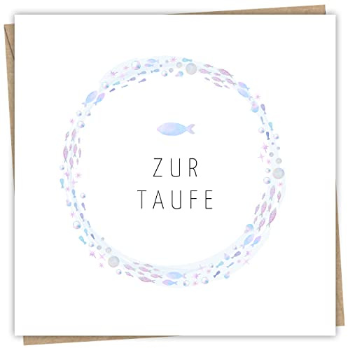 Hochwertig Karte zur Taufe mit Umschlag aus Kraftpapier - Taufkarte für Mädchen und Jungen 15x15 cm - Ideale Glückwunschkarte zur Taufe für das Patenkind als Klappkarte mit Fisch Motiv