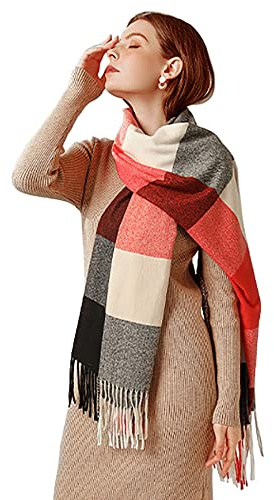 Bakicey Damen Schal XXL Warm Weich Strickschal Karo Winterschal Herbstschal Wolleschal Frauen Deckenschal Halstuch Scarf Poncho Cape (Rötlich Schwarz)