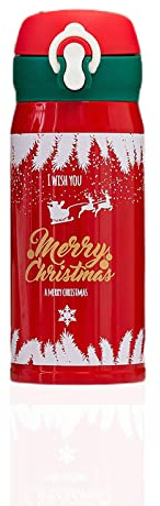 Botella Agua Sin Fugas, Rojo vaso Térmico, 500ML Botella Termica Acero Inoxidable, Patrón de Navidad, para Regalos de Vacaciones