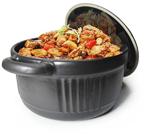Kasserolle, Tontopf, hitzebeständig, Premium-Keramik-Schüsseln, Deckel, Kochen, Suppe, schwarze Schale für Ofen, 1,7 l
