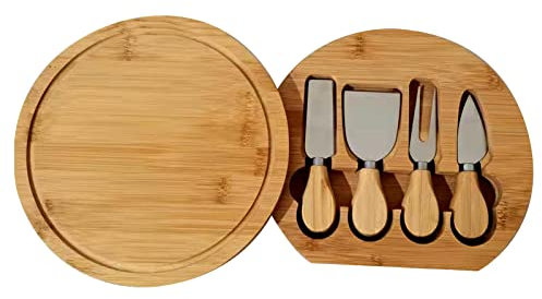Bambus-Käsebrett-Set mit rundem Holzbrett mit 4 Edelstahlmessern und Gabel, geeignet for Picknicks und Partys