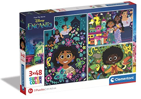 Clementoni - 25286 - Supercolor Puzzle - Disney Encanto - 3 Puzzle mit 48 Teile Ab 5 Jahren, Buntes Kinderpuzzle Mit Besonderer Leuchtkraft & Farbintensität, Geschicklichkeitsspiel Für Kinder