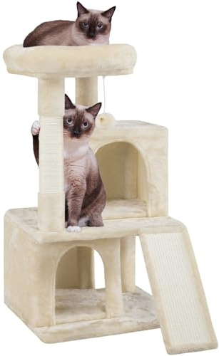 Yaheetech Klösträd, stabilt katträd, 91 cm klösträd, med 2 stugor, mysig sisal och lekboll, lekträd för katter, beige