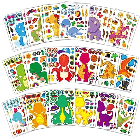 Dino Stickers für Kinder, Machen Sie Ihre eigenen Dinosaurier Aufkleber | Make A Face Aufkleber DIY Projekt für Mädchen Jungen, Dino Mitgebsel Spielzeug Geburtstag Party