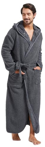 FashGudim 400g Mens Dressing Gowns with Hood Full Length Long Fluffy Dressing Gown For Men Big and Tall Winter Luxury Hooded Bathrobe (Gray, L/XL)