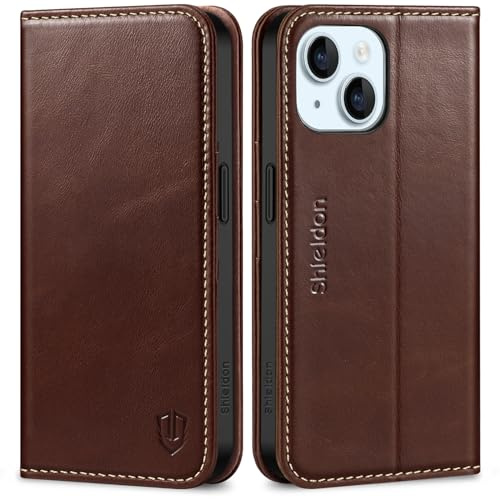SHIELDON Echtleder Hülle für iPhone 15 6,1 2023 5G, Retro Kaffee | Kartenfach, Magnetverschluss, RFID Blocker, TPU Etui, Standfunktion, Stoßfeste Klapphülle, Schutzhülle