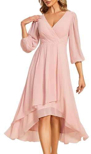 Ever-Pretty Robes d'invité de Mariage Col en V Manches Longues Mousseline Midi Ourlet asymétrique EG01926