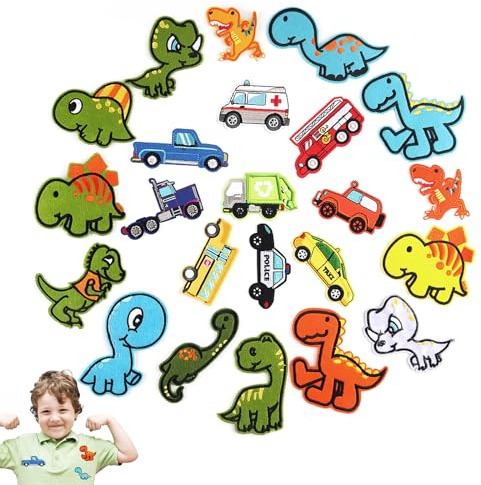 MOKIDO 23 Stück Baufahrzeug Patch Kit, Flicken zum Aufbügeln, Bügelflicken für Kinder, Bügelbilder für Textilien, Aufbügeln für T-Shirt, Jeans, Kleidung Taschen, Hut und Schuh