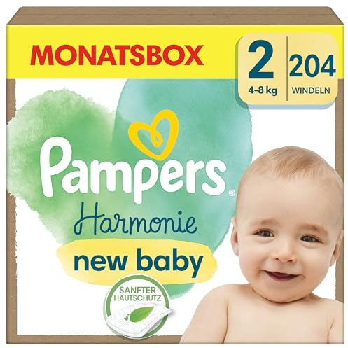 Pampers Harmonie Windeln Größe 2, 204 Windeln, 4kg-8kg, sanfter Hautschutz mit 100Prozent Pampers Schutz