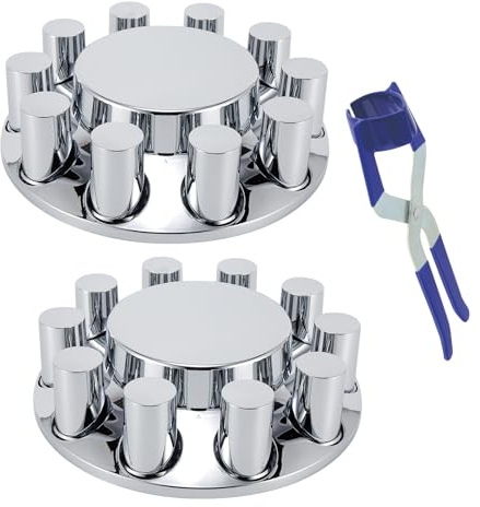 ABS Chrome Plastic Front Axle Cover Kits with 33mm Thread-on Flange Nut Covers for Semi Trucks in Pairs (Flat Top, 2 Set)