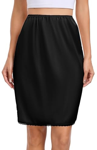 Vlazom Women's Half Slips Soft Satin Lace Underskirt Short Silk Waist Slips Petticoat for Skirts Underdress,Black,L