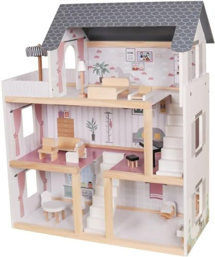 BLUEBRIT Large Wooden Play Doll House With Accessories & Furniture - Elevator, Design Your Own Home, Easy Assembly - Perfect Christmas or Birthday Gift for Girls (Design 4)