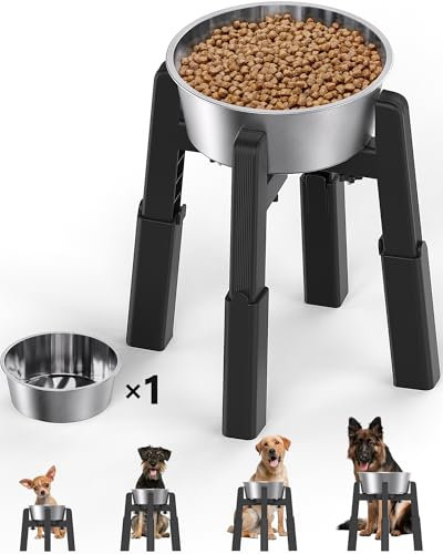 JUNSPOW Raised Dog Bowl Stand with Stainless Steel Bowls, 4 Heights Adjustable Raised Dog Water Bowl for Large Dogs, Stable and Non-Slip Elevated Dog Feeding Station