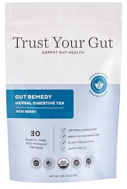 Trust Your Gut Organic Herbal Tea Blend – Lemon Balm, Holy Basil, Dandelion & Ginger Root – Supports Healthy Digestion & Gut Balance – Acai Berry, 30 Bags