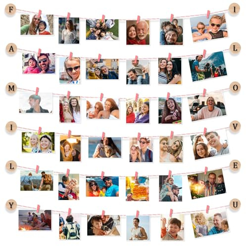 Uping Fotogirlande mit 35 Rosa Klammern & 10m Hanfseil | Horizontal & Vertikal Nutzbar DIY Fotovorhang Wanddekoration, Geeignet für Polaroid und Fotos unterschiedlicher Größe