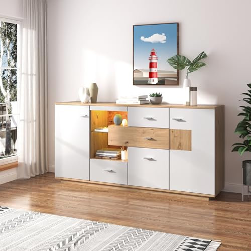 Ymkua Sideboard Kommode Weiß, Küchenschrank mit 2 Türen und 4 Schubladen, Stauraum Schrank mit LED-Beleuchtung und Glasablage, Buffetschrank Cabinet für Wohnzimmer Esszimmer und Küche, 160x40x77cm