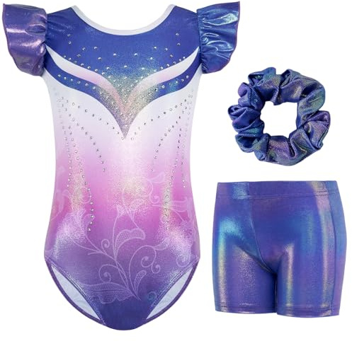 Gogokids Mädchen 3-teiliges Flatterärmel Gymnastik Set - Kinder Gymnastiktrikots mit Farbverlauf Pailletten & Glitzer Design, Gymnastikkostüm Set enthält Trikot, Shorts und Haarband für 3-12 Jahren