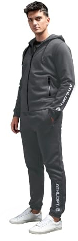 ATHL DPT. Modern joggingdräkt för män, sportkostym/set av sweatjacka med huva och joggingbyxor med manschetter, Mörkgrå, L