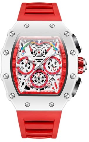 RORIOS Orologi da Polso Tonneau da Uomo Orologio Analogico Quarzo Orologi Moda Sportivo Orologi Calendario Luminosi con Cinturino in Silicone Rosso