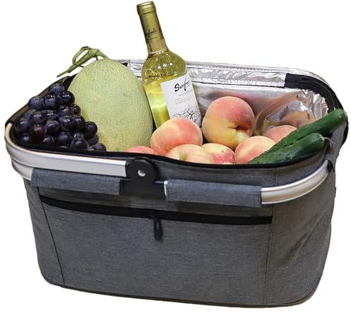 Faltbarer Einkaufskorb Grau, Großer Picknickkorb mit gepolsterten Griffe, praktischer Faltkorb, Einkaufstasche mit Aluminiumrahmen, robuster Korb