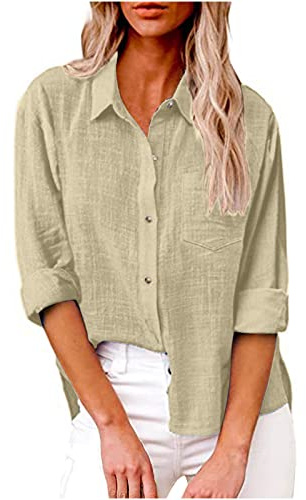 Femme Chemise Coton Lin Boutonné Décontracté Hauts à Revers Tee Shirt Grande Taille Couleur Unie Haut Polyvalents Manche Longue T-Shirt Chic et Elégant D'été Automne Mode Taille S à 5XL