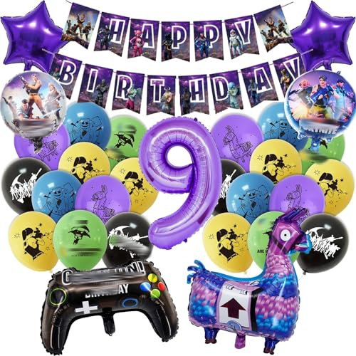 Geburtstagsdeko 9 Jahre Junge Mädchen, Fortnit Deko Kindergeburtstag mit Banner und Zahlen Folienballons, Geburtstag Junge Gamer Party Tortendeko Gaming Controller Folienballon Party Spiele Deko