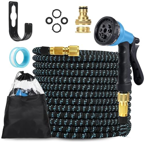 LINGKY Tubo Acqua Giardino, Tubo Estensibile da Giardino con connettore in ottone da 3/4' e 1/2', Canna Acqua Giardino con ugello spruzzatore a 8 funzioni, 23 metri Gomma per Innaffiare Irrigazione