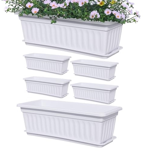 Blumenkästen mit Untersetzern – Balkonkasten 6 x | Blumenkasten für Fenster | rechteckiger Topf aus Kunststoff | integrierte Abflusslöcher, Zubehör für den Anbau von Gemüse in L
