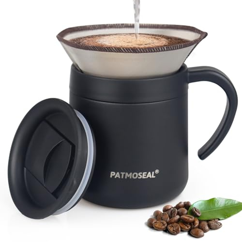 patmoseal Insulated Coffee Mug with Paperless Filter, 2-in-1 Pour Over Coffee Maker 350ml/12oz (Black)