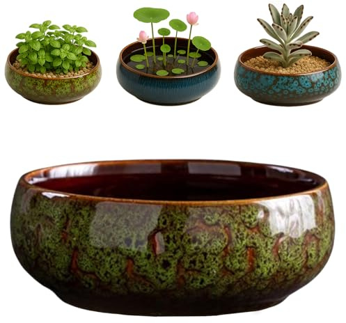 Oncpcare Lotus Pot de fleurs – Pot de fleurs d'intérieur en céramique émaillée pour bonsaï, plantes grasses | Bol de fleurs orientales décoratif hydroponique peu profond (vert)