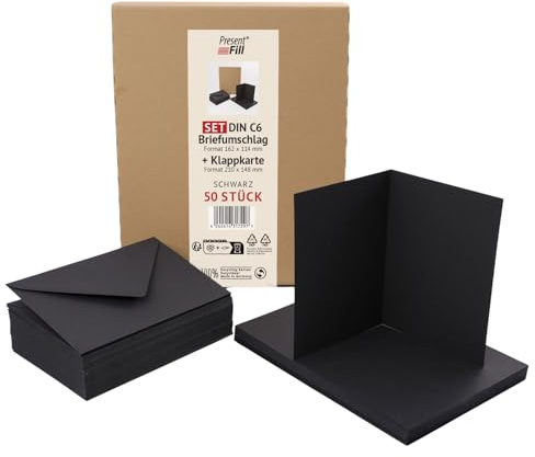 PresentFill 50er Set blanko Falt-Karten inkl. Briefumschläge ohne Fenster Schwarz I Klappkarten DIN A6 I Umschläge C6 I Made in Germany I 100% Recycling Kraftpapier I Blauer Engel zertifiziert