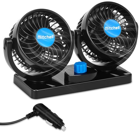 Auto Ventilator 12V, Doppelkopf Lüfter mit 360° Drehung und 2 Geschwindigkeiten, Einstellbarer Zigarettenanzünder-Anschluss, Leiser Auto Lüfter für LKW, SUV, Van, Wohnmobil, Boot & Auto im Sommer