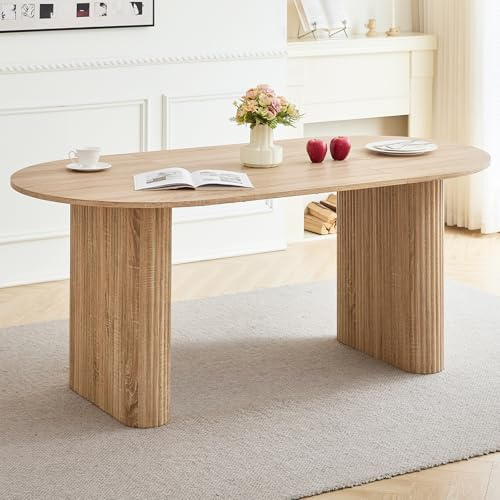 GrandCA HOME Mesa de Comedor Ovalada de Madera, Moderna Mesa de Cocina de 180 CM, Escritorio Grande de MDF, para 6-8 Personas (Marrón Claro)