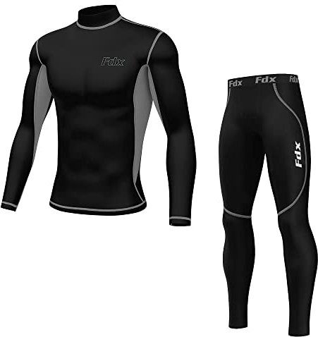 FDX Men’s Thermal Compression Suit, Breathable, Lightweight, Elastic Cool Quick Dry Base Layer Bottom Underpants Top Mock Neck for Running, Gym, Workout, Training, Exercise, Fitness(Grey, Medium)