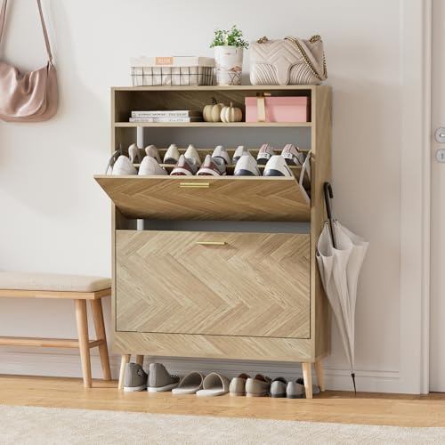 Skokliz Schuhschrank 2 Klappen, Schuhregal Schuhkipper Schmal, Schuhaufbewahrung Holz, Trennwand Verstellbar, Schuhkommode für 8-16 Paar Schuhe, Flur, Eingang 24 x 80 x 115 cm