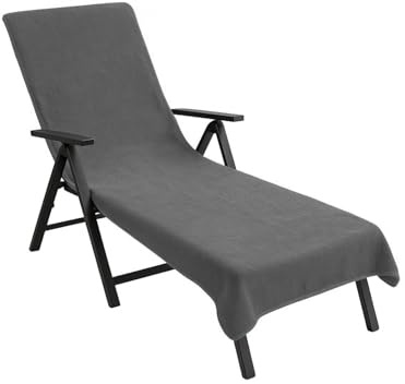 Lemos Home Liegenauflage mit Kapuzenüberschlag 200x75 cm aus Baumwolle Frottee Handtuch, Schonbezug für Gartenliege, Sonnenliege und Liegestuhl, universell passend, waschbar, Farbe wählbar. (Grau)