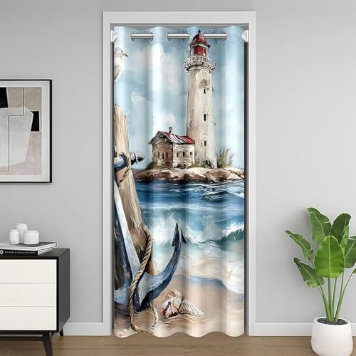 Homewish Leuchtturm Türvorhang SAE Ocean Wellen Tür Vorhänge 106x203cm Ölmalerei Möwen Sichtschutzvorhang für Kinder Jugendliche,Anker Verdunkelungs Vorhang