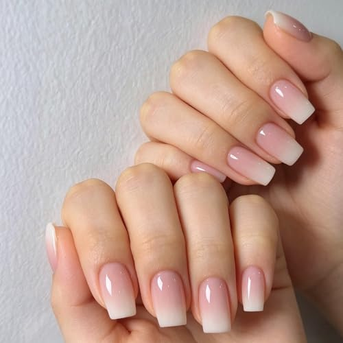 KQueenest French Press on Nails Kurz Mittel – Ombré Rosa Nägel zum Aufkleben Kurz, Gradient Rosa Weiß Fake Nails Eckig, Quadratische Künstliche Nägel Set für Frauen, 24 Stück