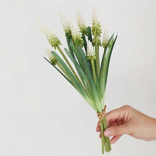 Evlasumflow 10pcs Artificial Grape Hyacinth 12 Latex Fake Muscari Faux Hyacinth for Vase Bouquets Home Office Wedding Decor.(White)