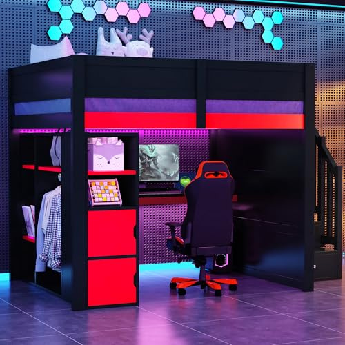 MOBETTRES 140x200 Gaming-Holz-Hochbett mit Schreibtisch, mehrstufigem Stauraum, L-E-D-Beleuchtung, U-S-B-Ladeanschluss und schwarzer Treppe mit Stauraum (Schwarz + Rot)