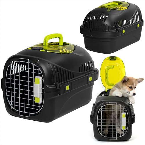 Peluvio Safy Transportín para Perro Pequeño Rígido para Coche, Seguro, Ventilado, Puerta Metálica, Tapa Superior, Rejilla Extraíble, Cuenco, Doble Cierre, Asa Plegable, Fácil de Limpiar, hasta 5 kg