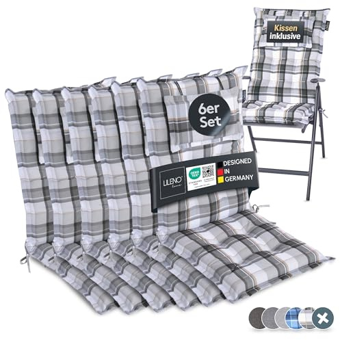 LILENO HOME Gartenstuhl Auflagen als [6er Set - Hochlehner] in Karo Grau Y | bequeme Liegen als Sitzauflagen für Gartenmöbel - Stuhlkissen für Gartenstühle und Klappstühle MAR