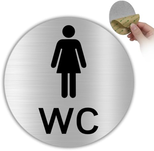 LEIASA | Adesivo Bagno Donna - Ø 10 cm - Alluminio - Porta Servizi Igienici | Cartello Bagno Femminile, Targa WC Signore, Placca Toilette Ragazze, Insegna Gabinetto Femmine, Segnale Lavabo Donne