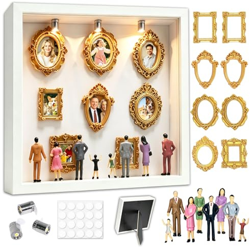 DIY Mini Museum Silhouetten Box mit LED, Mini Bilderrahmen Vintage, Shadow Box Bilderrahmen Set, Foto Erinnerungsanzeige Set mit 8 Mini-Goldrahmen 8 Figuren für Jahrestag, Hochzeit(Weiß)
