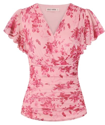 GRACE KARIN Top Donna Floreale Boho Top a Maniche Corte con Volant Avvolgente Camicia Tunic Primavera Estate Top per Uscire, XL