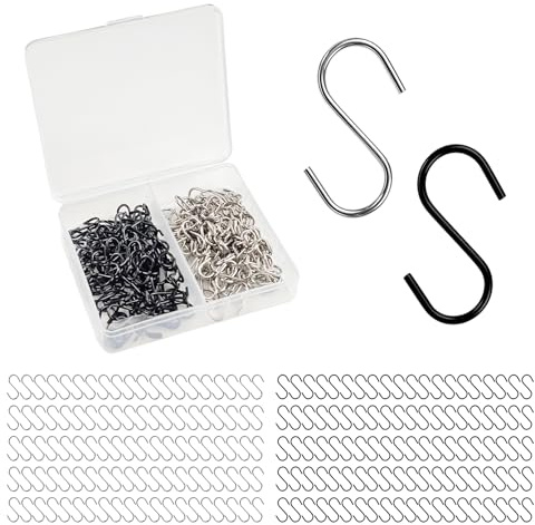 YIMETOP 200 Stück Mini S Haken 14mm Edelstahl, S-förmige Metallhaken zum Einhängen, klein schwarz & silber – für DIY Schmuck, Pflanzen, Lichterkette, Schlüsselanhänger