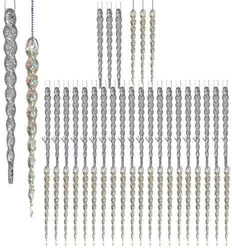 Icicle Ornaments for Christmas Trees - Set of 48-24 Silver Glittered - 24 Glittery Iridescent - Assorted Shatterproof Icicles - 5 L - Strings Attached