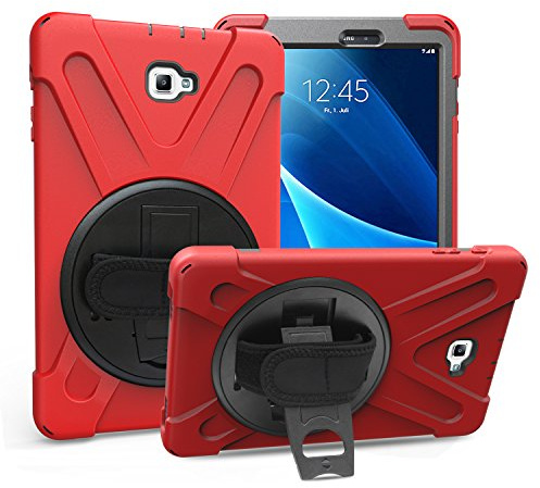 Gerutek Hülle für Samsung Galaxy Tab A6 10.1 2016 (SM-T580/T585), Rot | Stoßfeste Hülle mit 360° Drehbar Stände/Handschlaufe, Schultergurt Stifthalter, Rundumschutz Case für Arbeit/Outdoor/Drinnen
