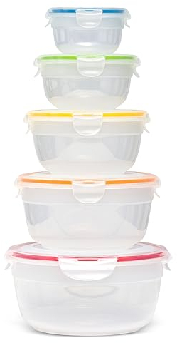 Lock & Lock Food Storage Containers with Lids Airtight - 5 Piece Nestable Round Food Containers with Lids & 4 Side Locks, Watertight, Microwave & Dishwasher Safe, BPA Free Plastic